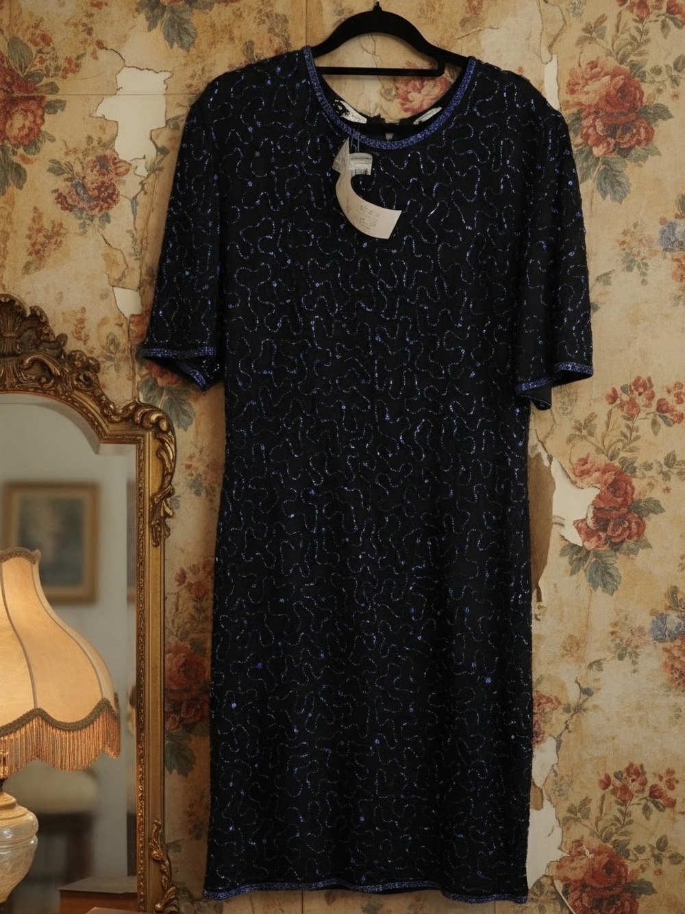 NWT Vintage 80s 90s Denise Elle Silk Beaded Dress Shift Cocktail Plus Size XL